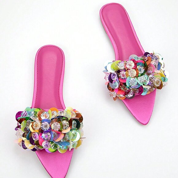 Hot Pink Gorgeous Women's Beaded Floral Satin Mule Sandals - Picture 3 of 4